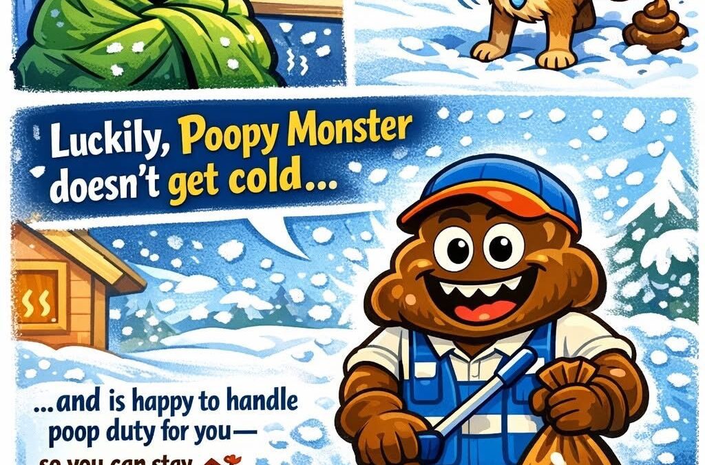 Dog poop cleanup in Rochester NY during winter, showing Poopy Monster scooping pet waste so homeowners can stay warm inside