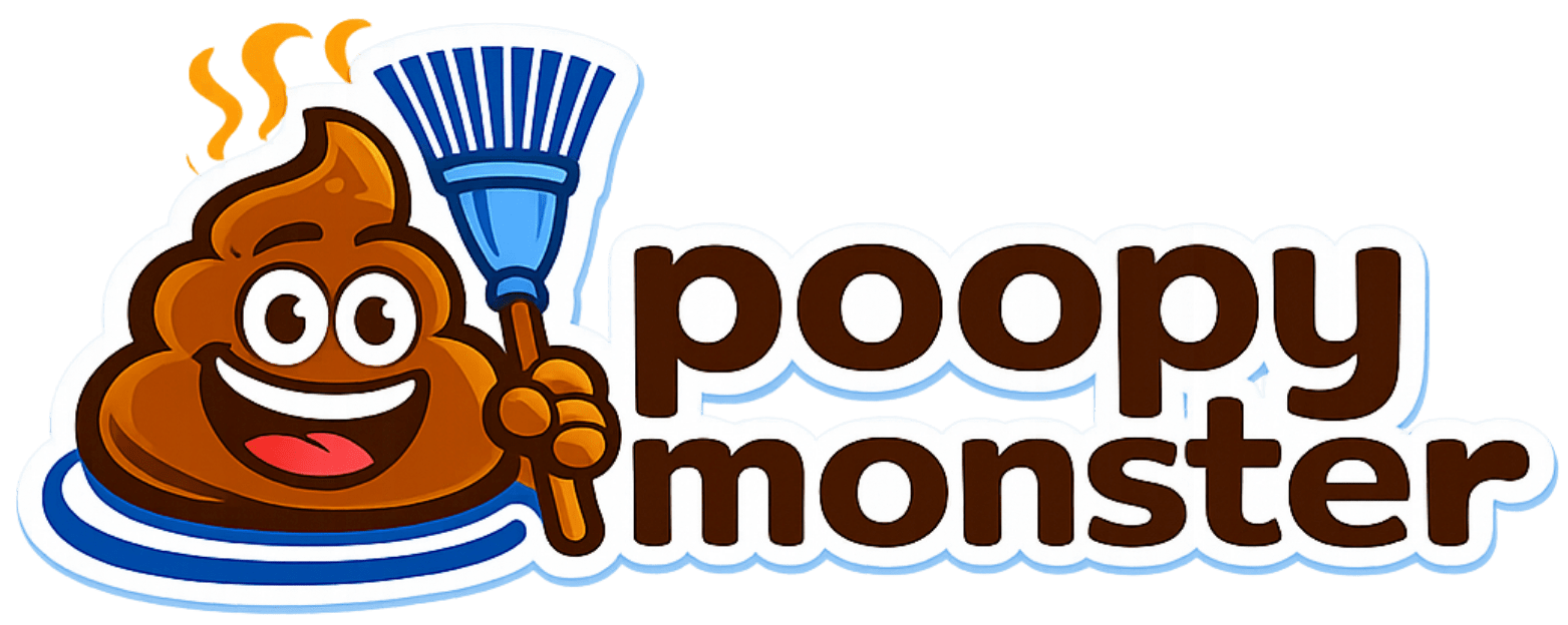 Poopy Monster pet waste removal logo with smiling mascot holding broom