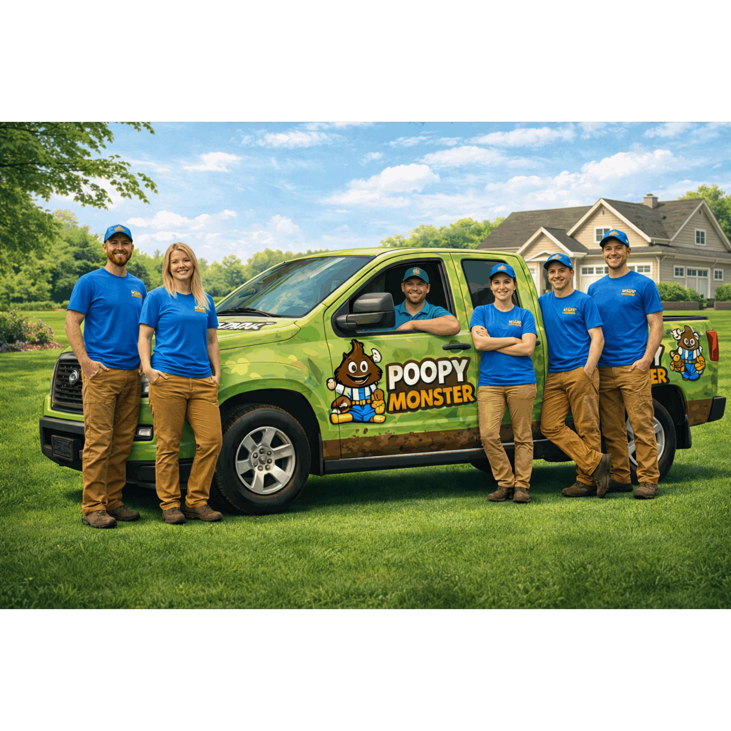 Poopy Monster pet waste removal team in blue uniforms standing next to a branded green service truck in a residential neighborhood in Rochester, NY