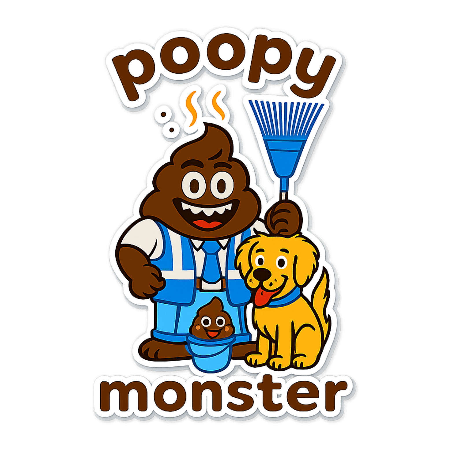 Poopy Monster mascot with rake and bucket representing professional dog poop scooping service in Rochester NY