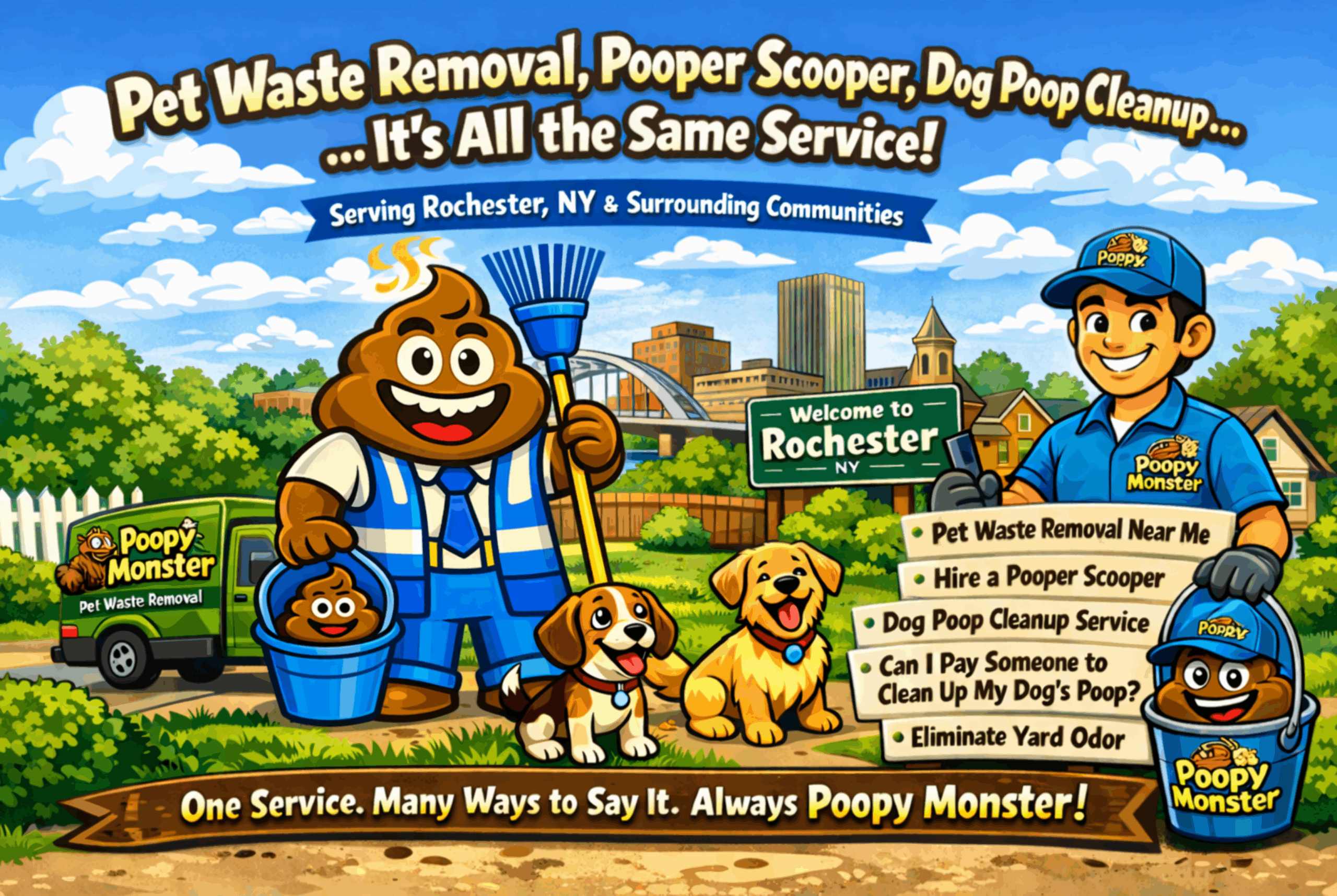 Cartoon illustration of Poopy Monster pet waste removal service in Rochester NY with technician, branded van, mascot, dogs, and dog poop cleanup message