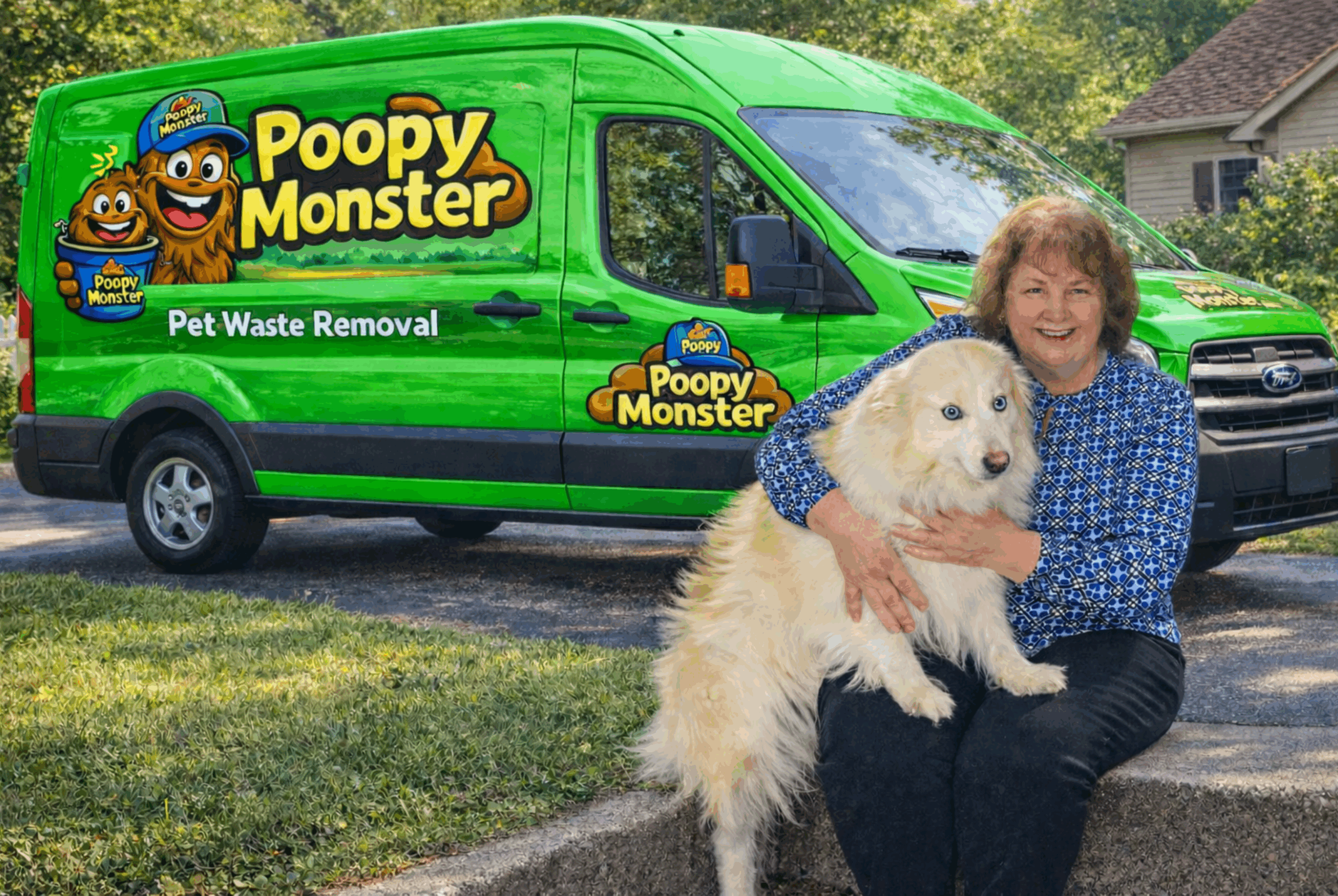 Veronica Wilson, Field Service & Community Outreach Specialist with her dog Svanna next to a Poopy Monster truck.