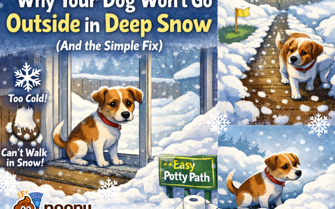 Small dog hesitating at a snowy doorway and then walking on a cleared potty path in winter.