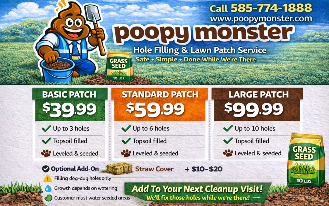 Poopy Monster hole filling and lawn patch service pricing Rochester NY with packages for 3, 6, and 10 holes