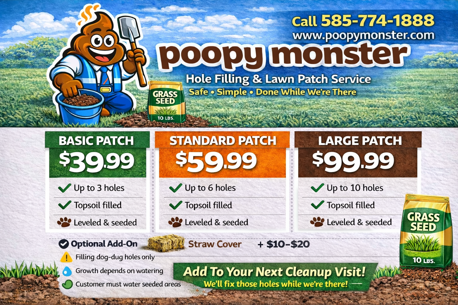 Poopy Monster hole filling and lawn patch service pricing Rochester NY with packages for 3, 6, and 10 holes