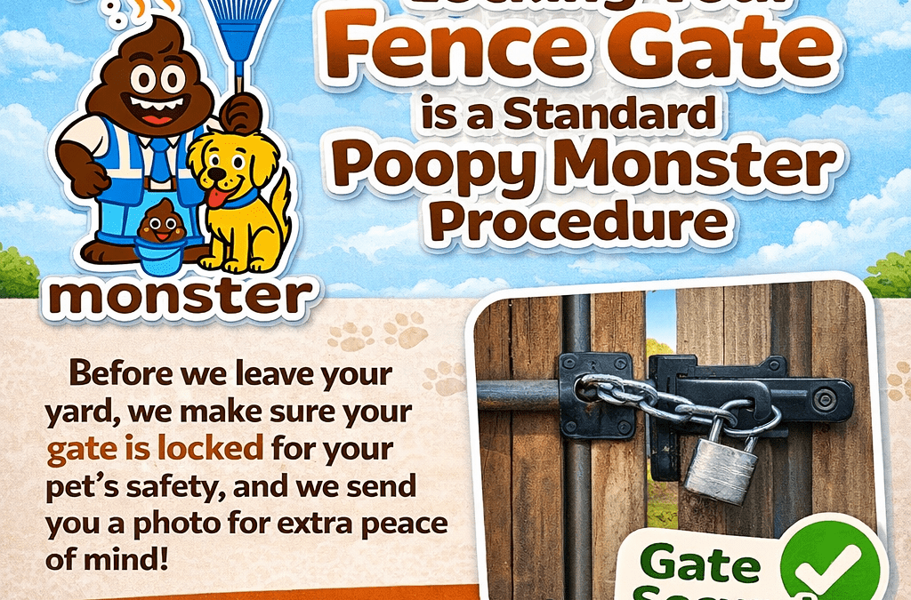 Poopy Monster pet waste removal service locking fence gate for dog safety in Rochester NY