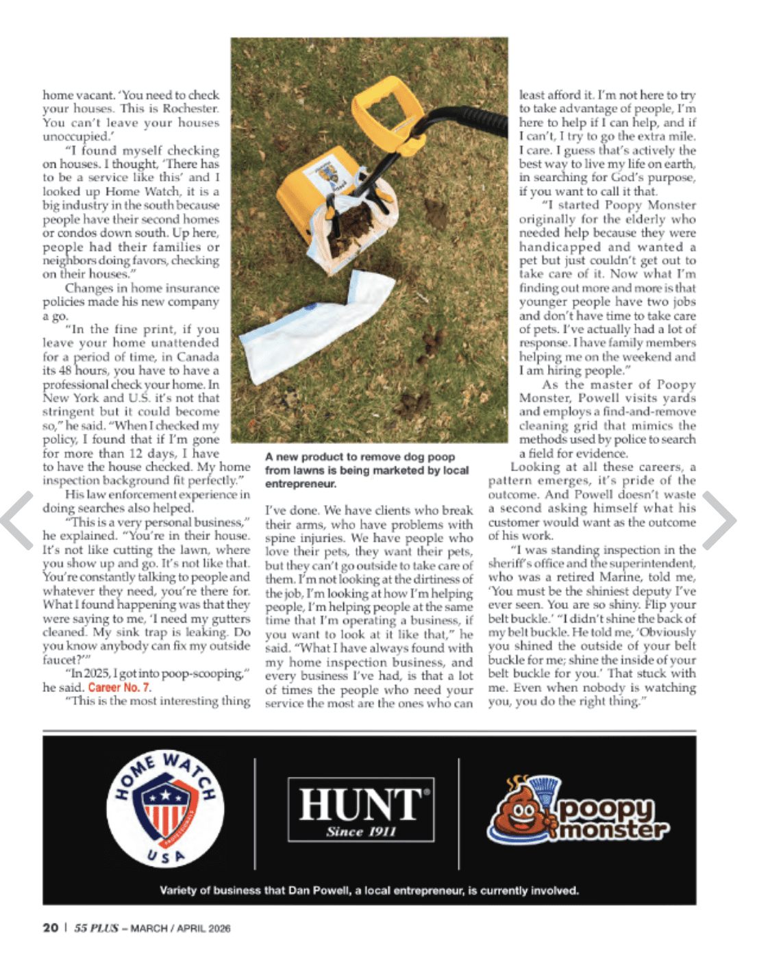 Poopy Monster dog poop cleanup tools featured in 55 Plus Magazine Rochester NY