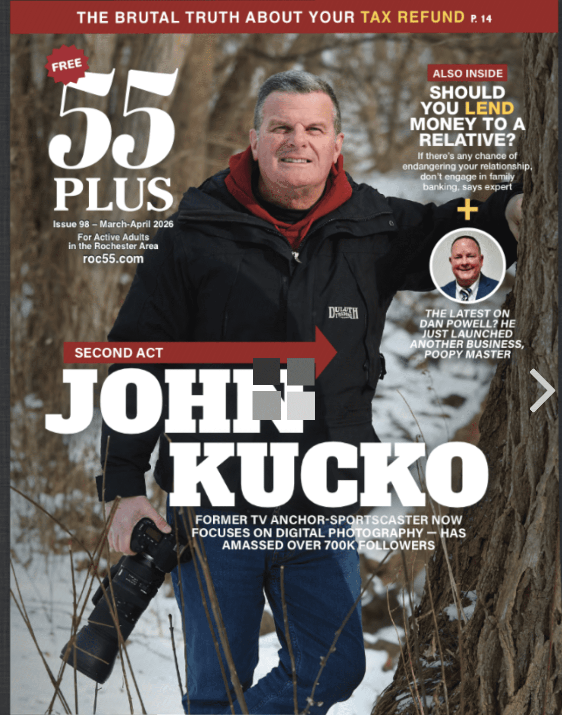 55 Plus Magazine March April 2026 cover featuring John Kucko and Dan Powell Poopy Monster Rochester NY