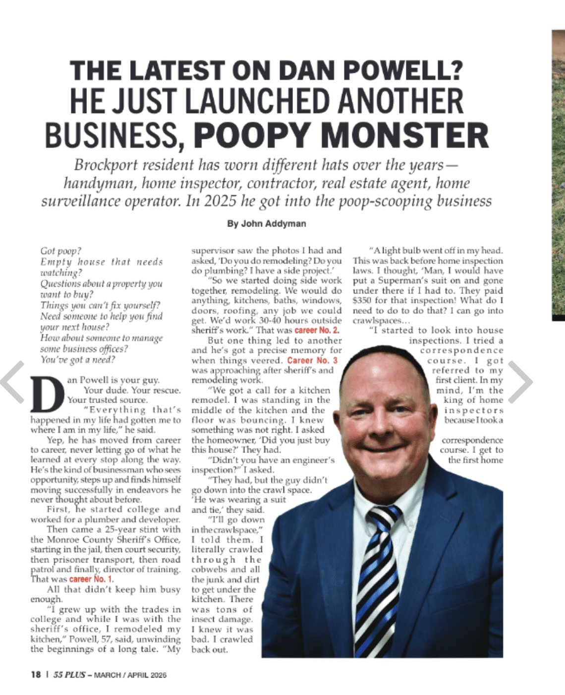 Dan Powell featured in 55 Plus Magazine article about Poopy Monster Rochester NY