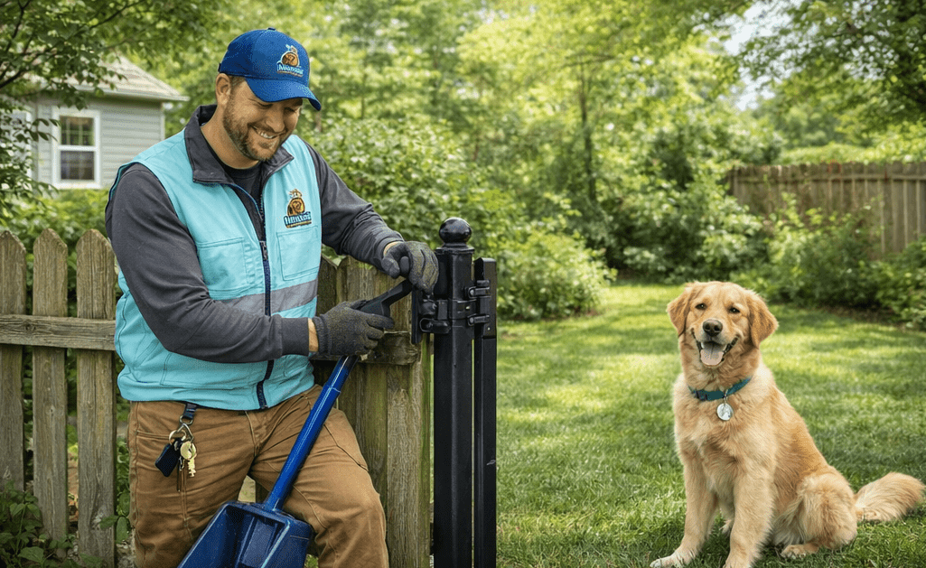 Poopy Monster technician securing gate during pet waste removal service in Rochester NY
