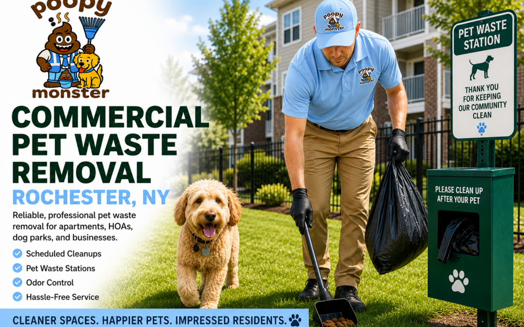 Poopy Monster commercial pet waste removal advertisement showing a technician in a light blue Poopy Monster uniform cleaning a lawn at an apartment community in Rochester, NY near a pet waste station, with a dog walking beside him.