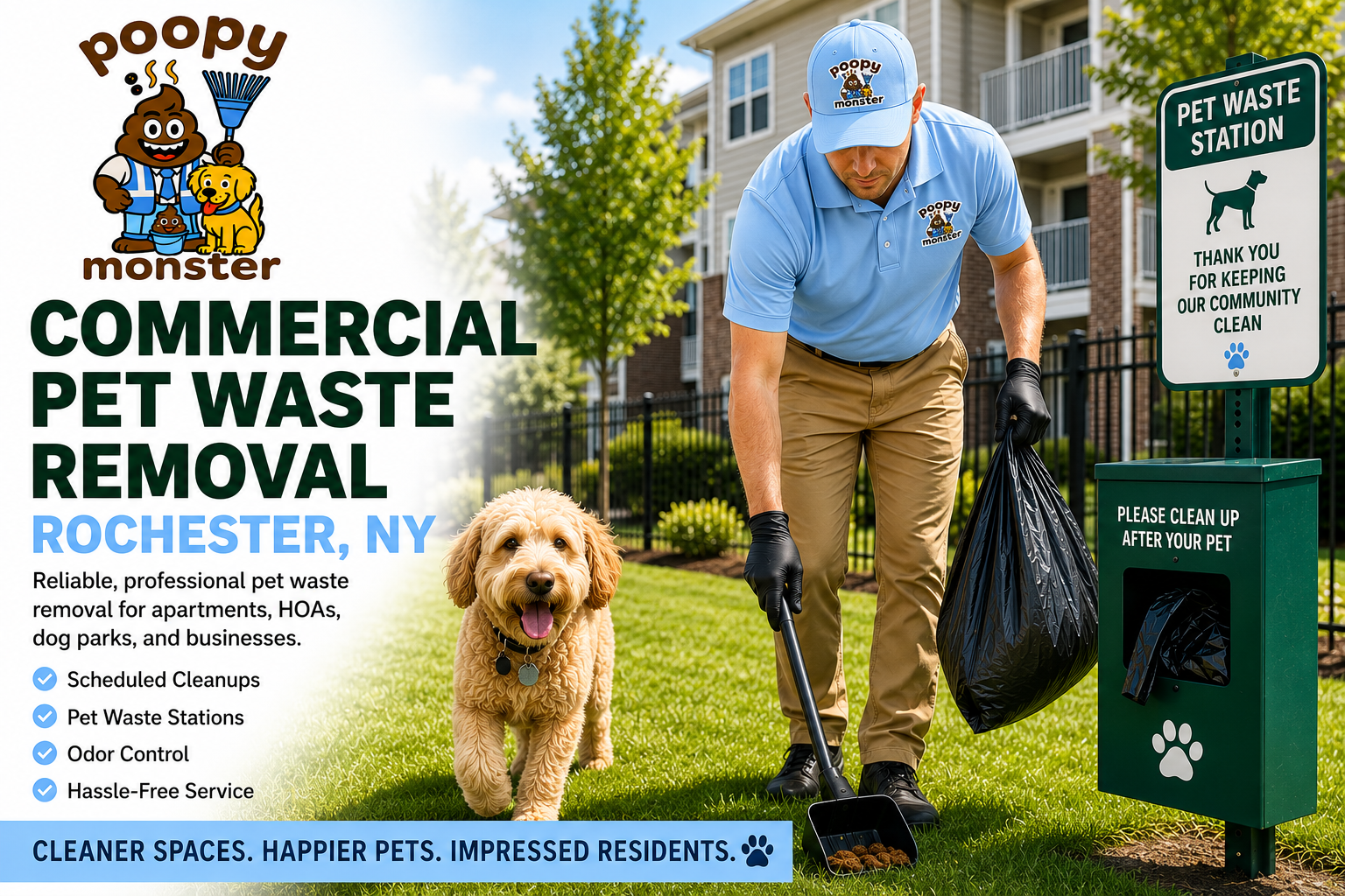 Poopy Monster commercial pet waste removal advertisement showing a technician in a light blue Poopy Monster uniform cleaning a lawn at an apartment community in Rochester, NY near a pet waste station, with a dog walking beside him.