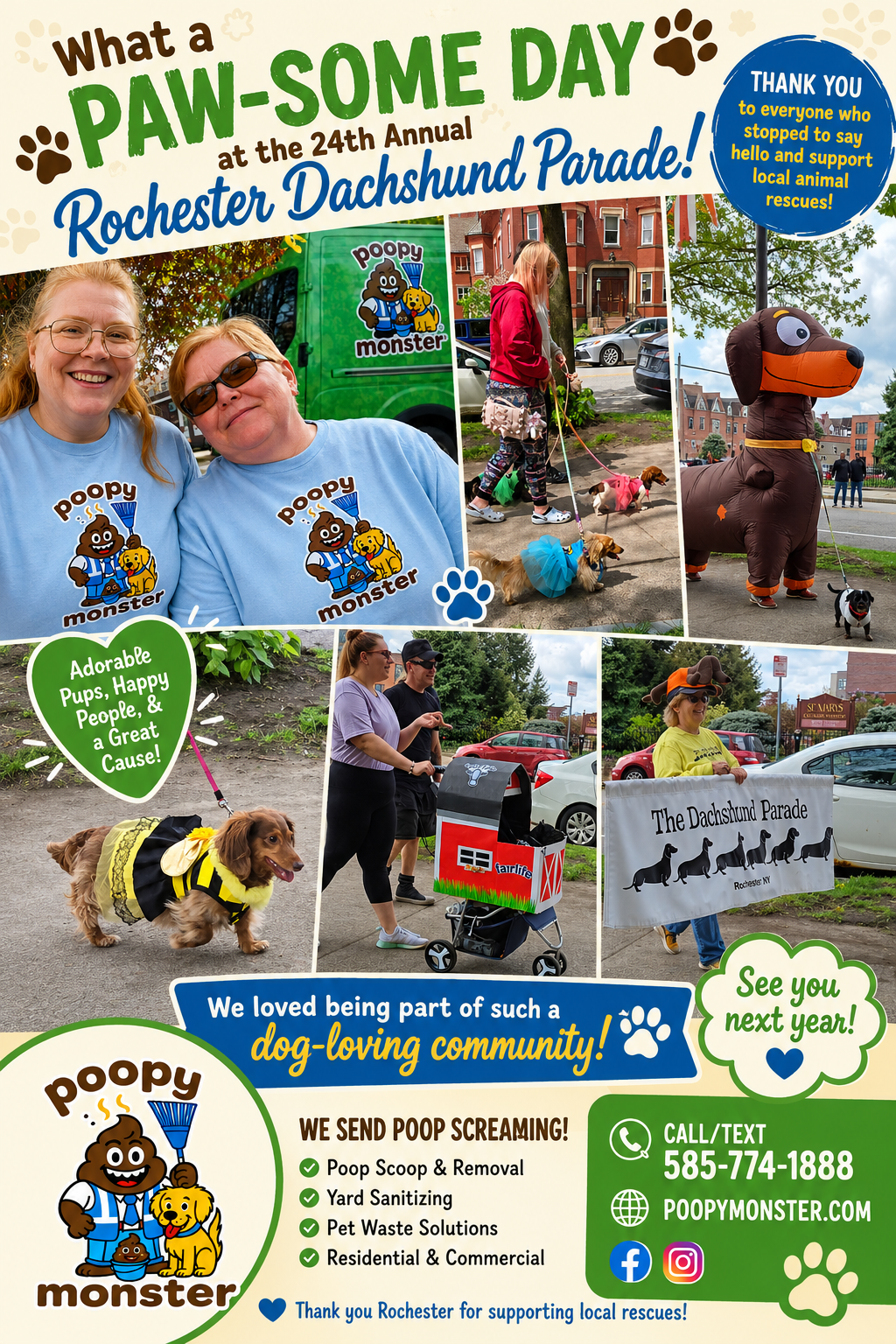 Poopy Monster community event collage celebrating the 24th Annual Rochester Dachshund Parade. Multiple photos show Poopy Monster team members wearing light blue company shirts, dachshunds in costumes, parade participants, and a large inflatable dachshund mascot. Text reads “What a PAW-SOME DAY at the 24th Annual Rochester Dachshund Parade!” with messages thanking attendees for supporting local animal rescues. The bottom of the graphic features the Poopy Monster logo, slogan “We Send Poop Screaming!”, pet waste removal services, and contact information including phone number 585-774-1888 and PoopyMonster.com.