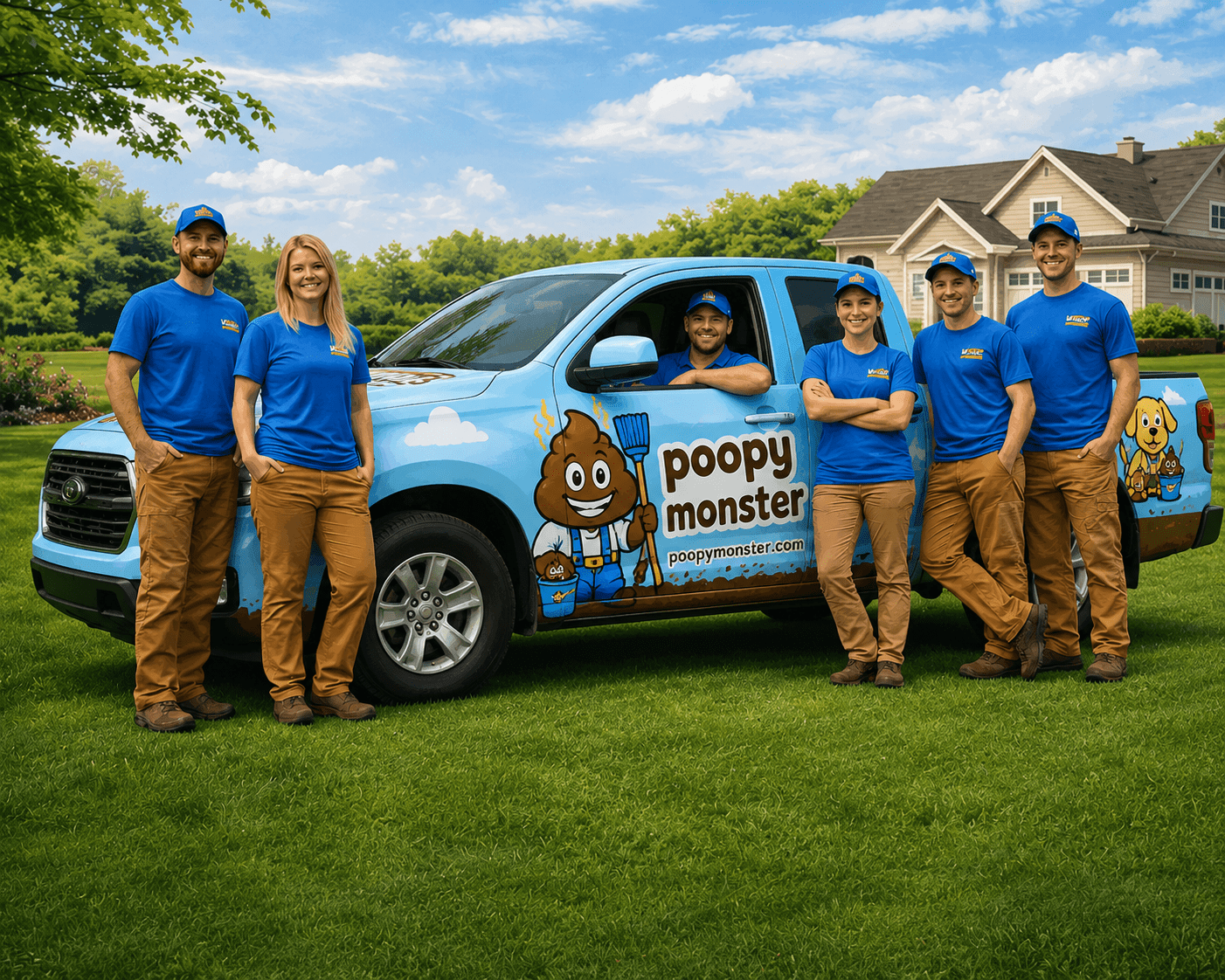 A smiling Poopy Monster team stands around a light blue wrapped pickup truck on a neatly maintained lawn in a sunny suburban neighborhood. Team members wear bright blue Poopy Monster shirts, tan work pants, and matching blue hats while posing confidently beside the branded service vehicle. The truck features the Poopy Monster mascot holding a rake, playful dog-themed graphics, cloud accents, and the company website, creating a clean, professional, and family-friendly look.