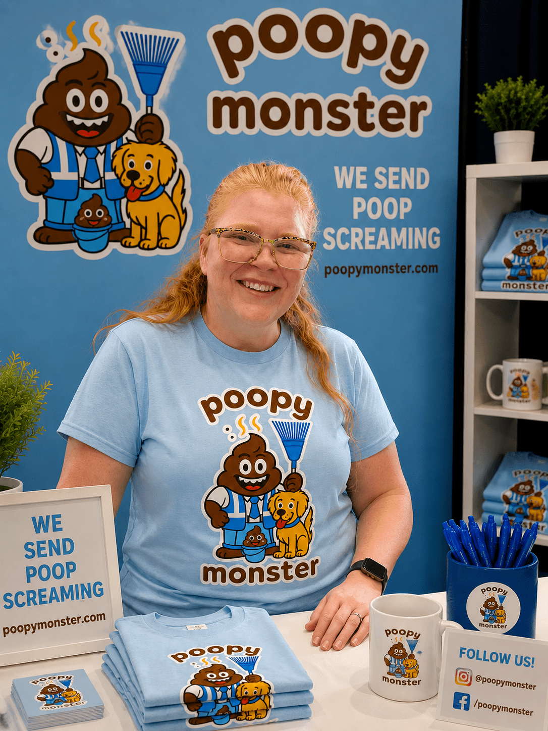 A smiling woman with red hair and glasses wears a light blue Poopy Monster T-shirt while sitting at a branded marketing booth. The booth features a large Poopy Monster mascot banner, folded company T-shirts, branded pens, a mug, promotional cards, and signage with the slogan “We Send Poop Screaming” and website PoopyMonster.com.