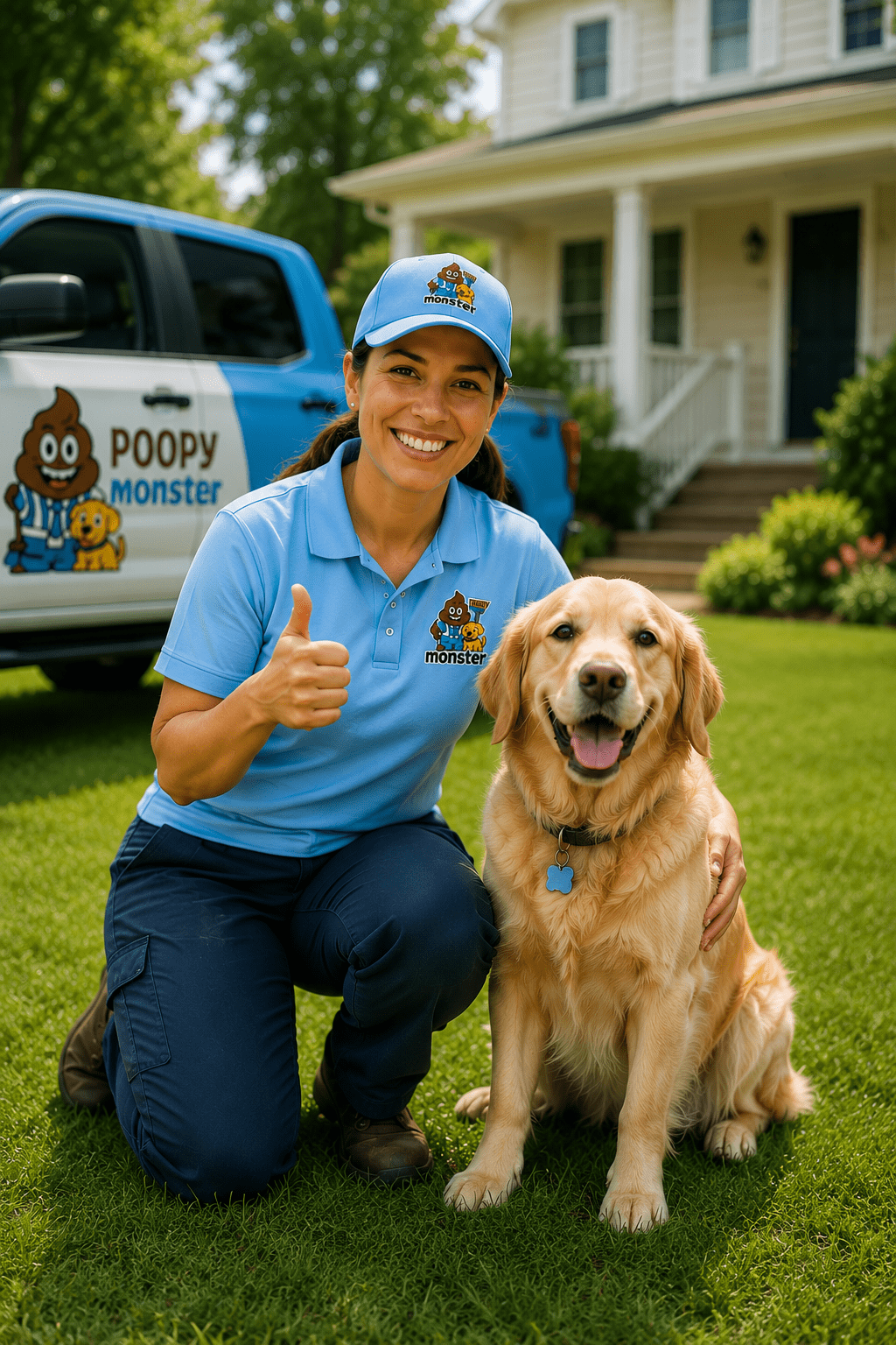 Smiling Poopy Monster team member kneeling beside a happy golden retriever in a clean residential yard, wearing a light blue company uniform and hat with a branded service truck parked in the background.