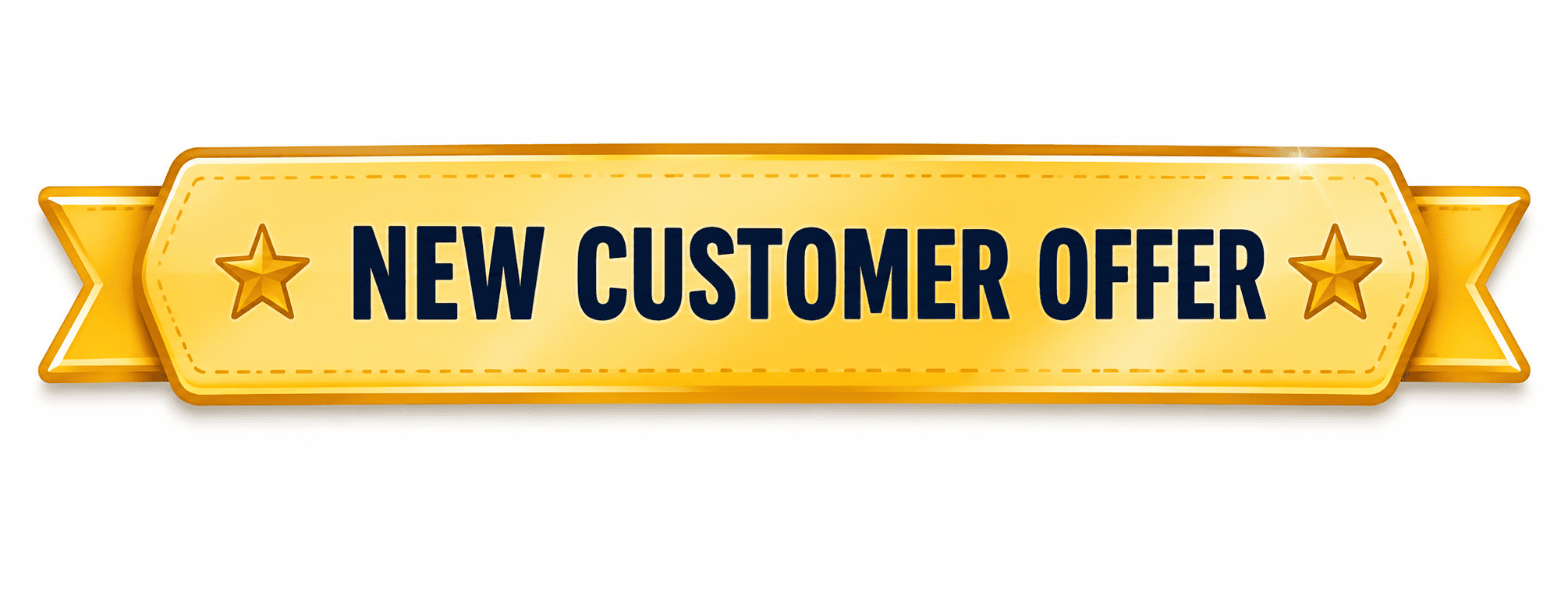 Gold "New Customer Offer" ribbon badge with star icons for Poopy Monster's free initial dog poop cleanup promotion.