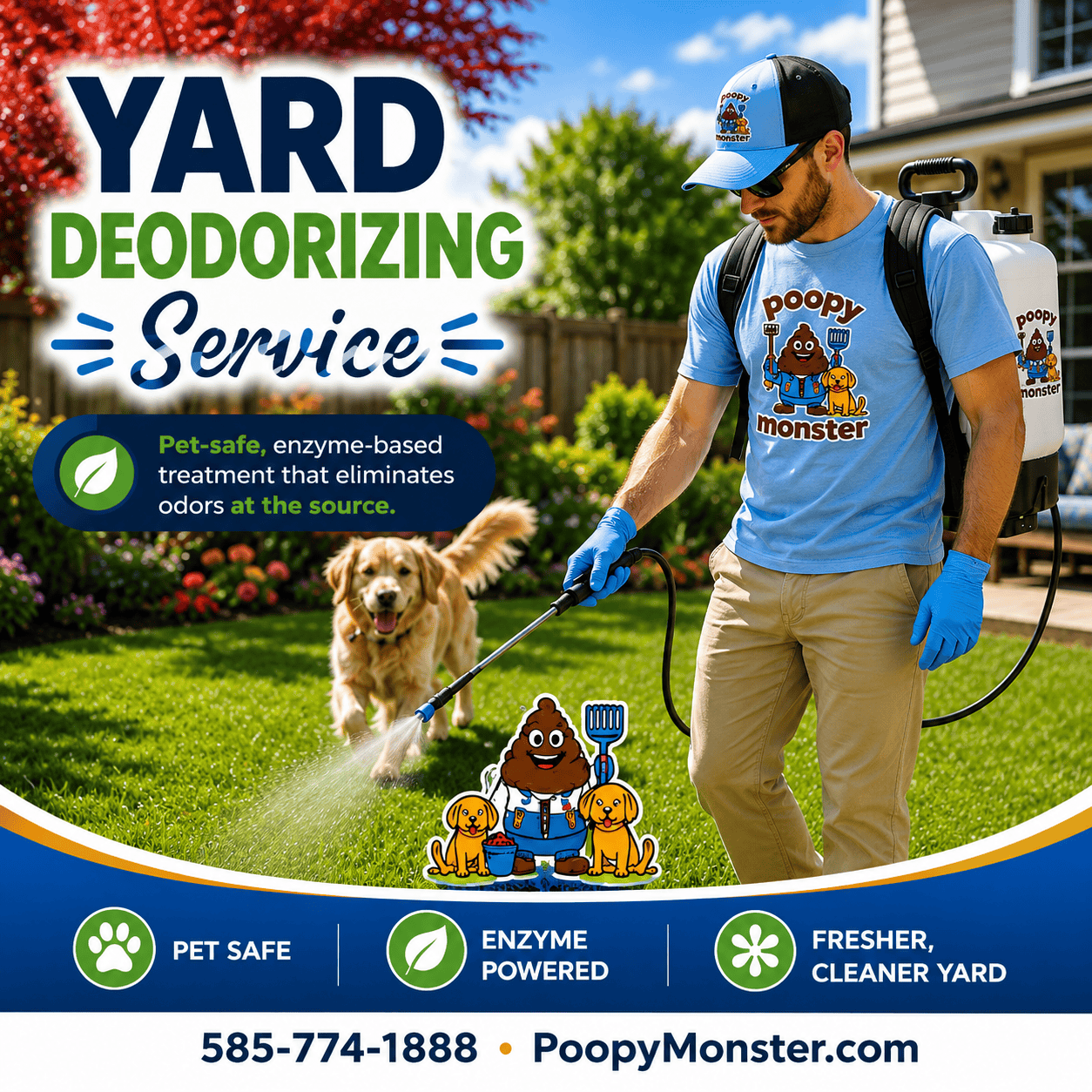 Poopy Monster technician applying a pet-safe, enzyme-powered yard deodorizing treatment to a lush green lawn while a happy golden retriever runs through a clean backyard.