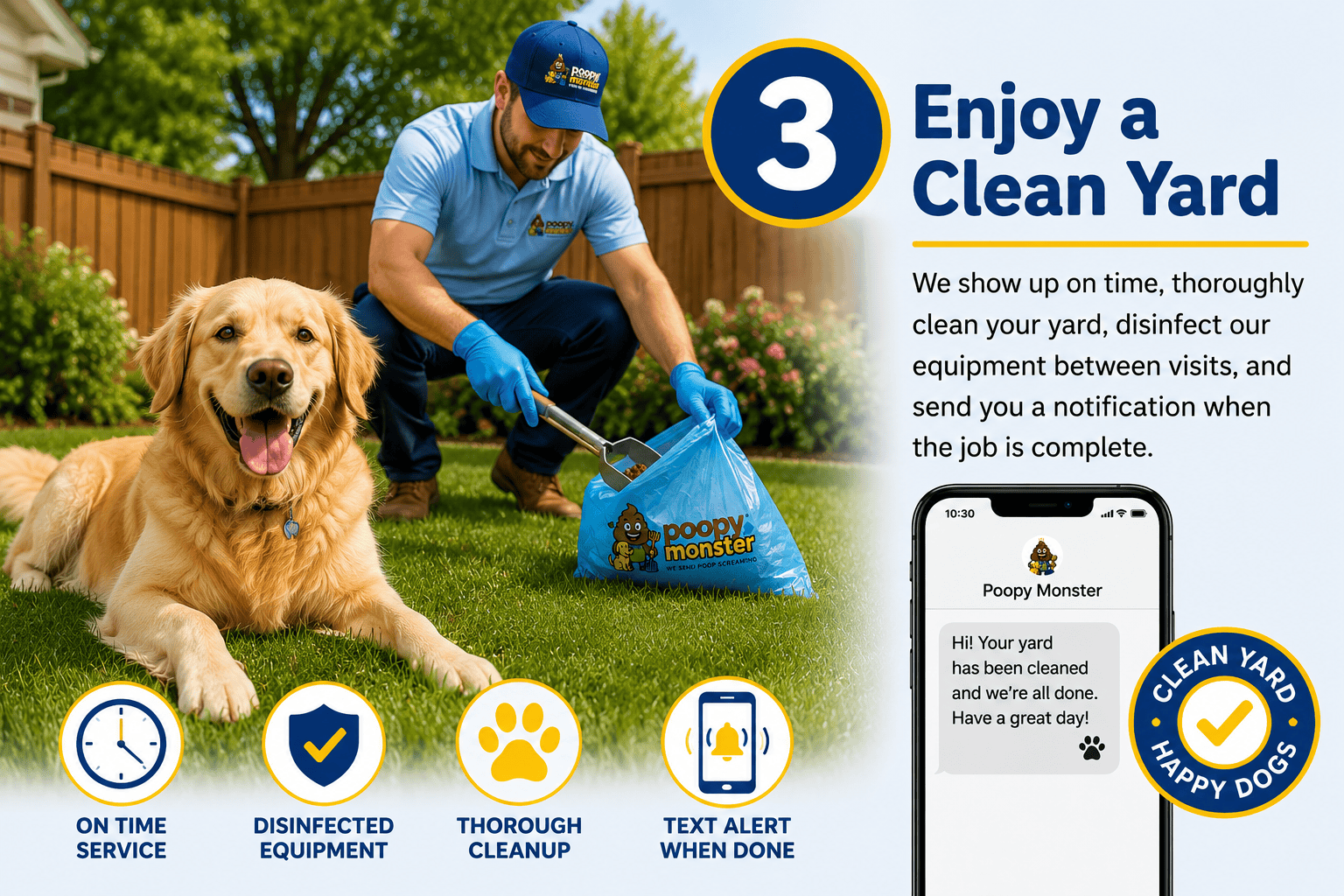 Step 3 of the Poopy Monster process showing a technician cleaning a backyard while a happy golden retriever watches. The image highlights on-time service, disinfected equipment, thorough cleanup, and a text notification when the job is complete.
