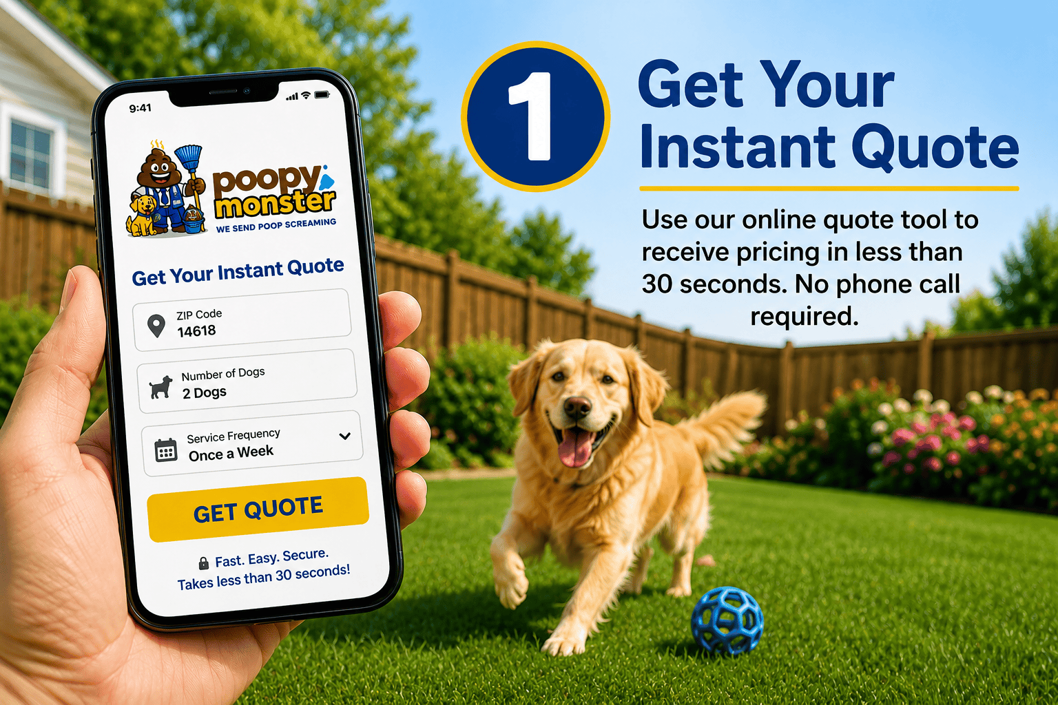 Step 1 of the Poopy Monster process showing a smartphone with the online instant quote form, a happy golden retriever in a clean backyard, and the headline "Get Your Instant Quote." Customers can receive pricing in less than 30 seconds with no phone call required.