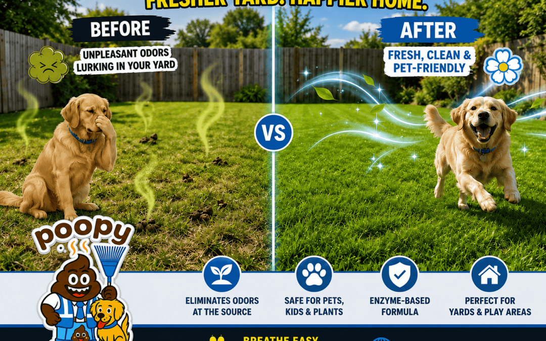Before and after lawn deodorizer treatment by Poopy Monster showing elimination of pet odors with a fresh, clean, pet-friendly yard in Rochester, NY.