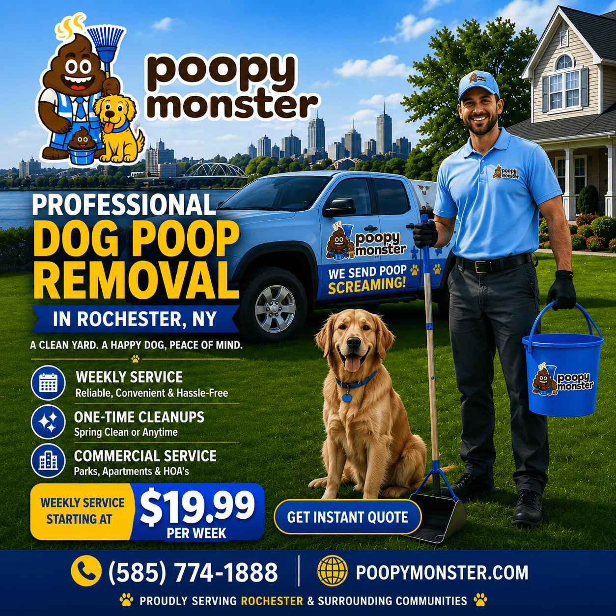 Professional dog poop removal service in Rochester NY featuring Poopy Monster technician, branded service truck, golden retriever, and weekly pet waste removal starting at $19.99 per week.