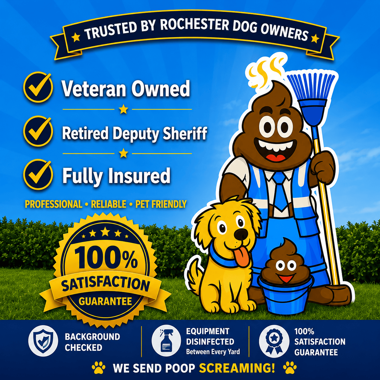 Trusted Rochester dog poop removal company featuring veteran-owned, fully insured pet waste removal service with 100% satisfaction guarantee.