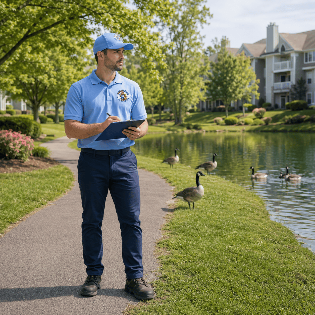 Poopy Monster technician professionally removing goose poop from a community pond walkway