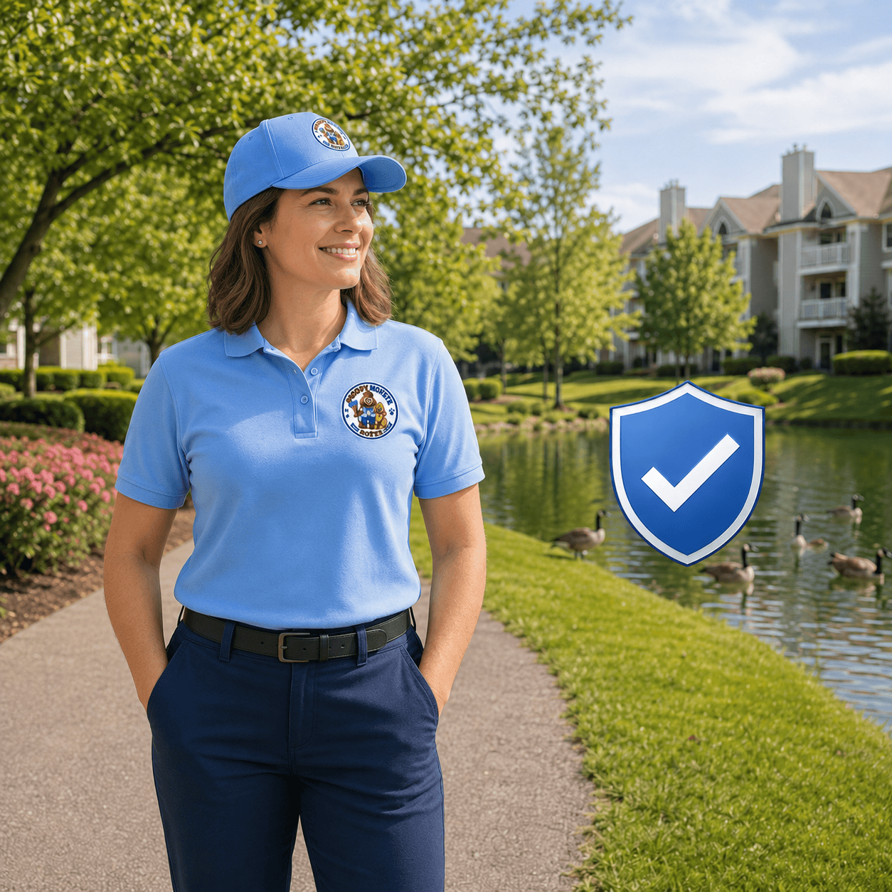 Uniformed female Poopy Monster representative with a shield symbol representing fully insured service