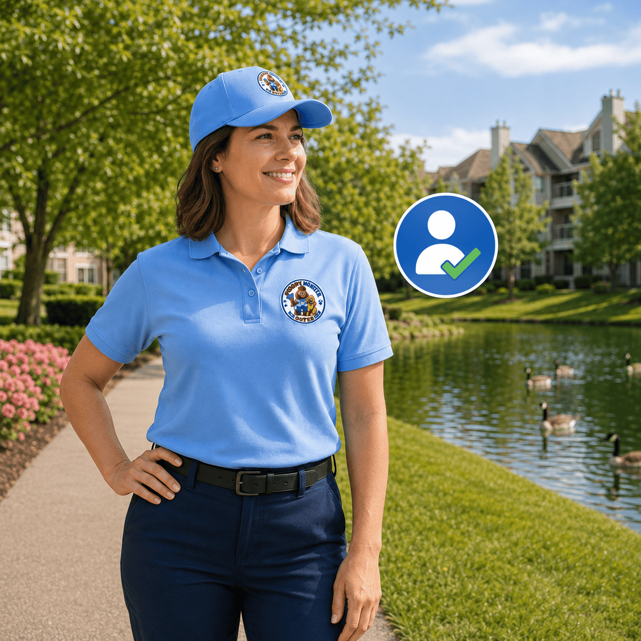 Uniformed female Poopy Monster representative with a verification symbol representing a background-checked team