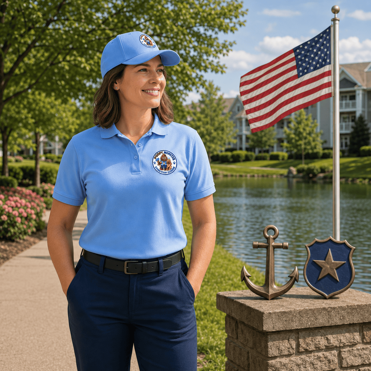 Female Poopy Monster representative with American flag, anchor and service shield representing veteran and law enforcement ownership