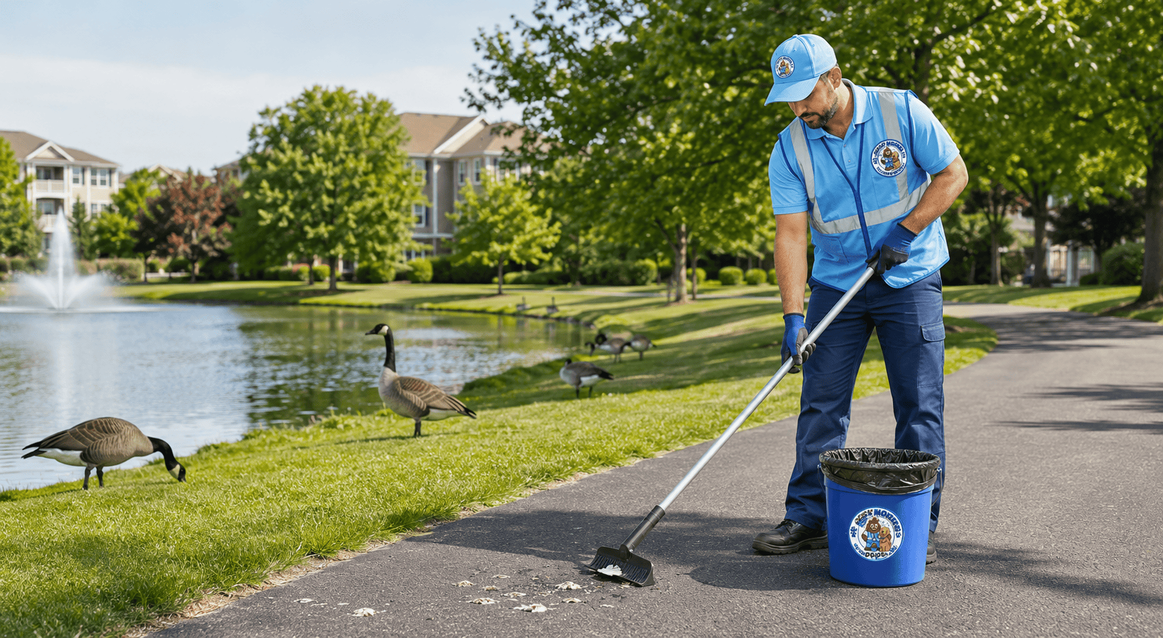 Poopy Monster technician providing goose poop removal near a community pond in Rochester NY