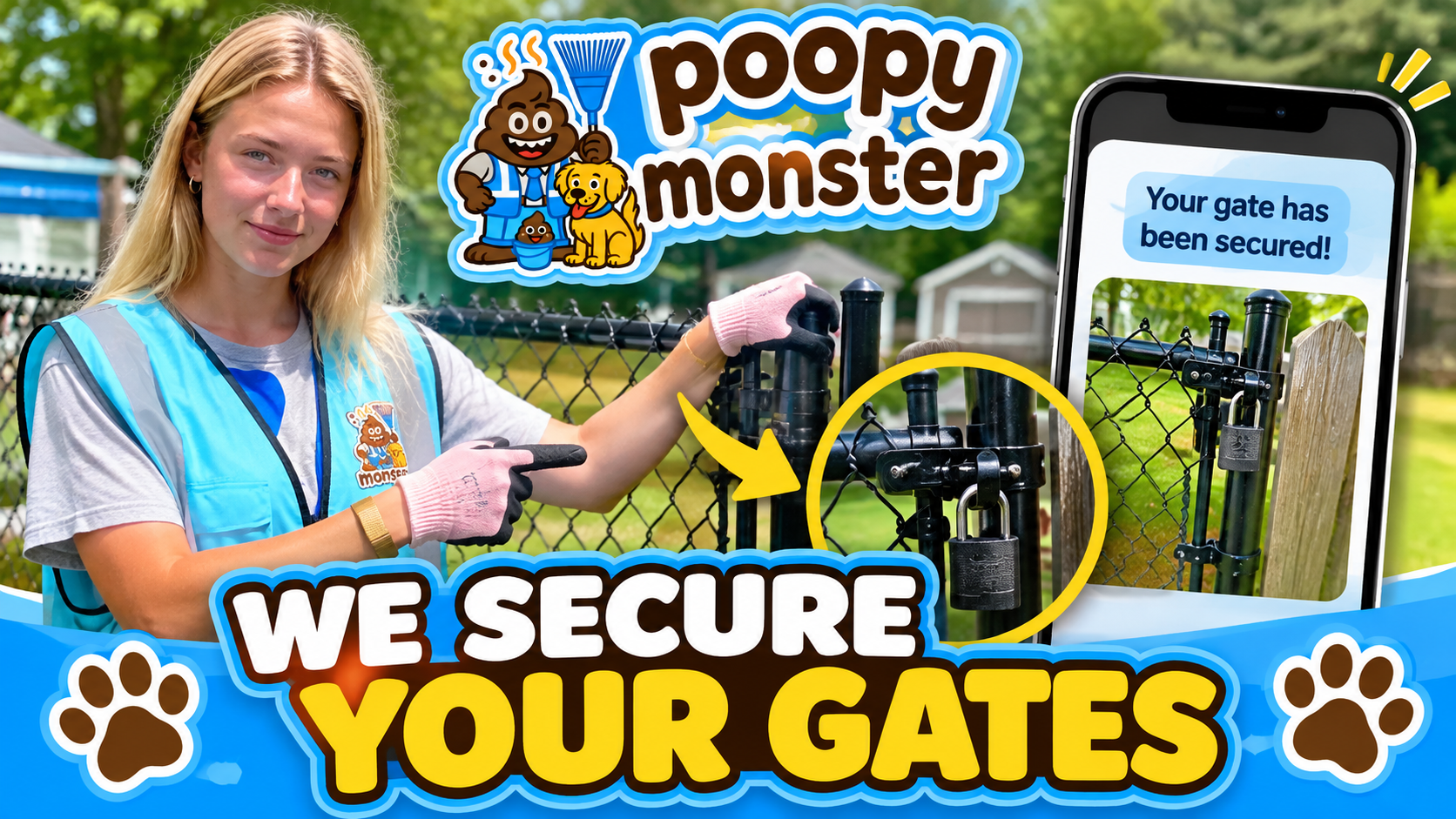 Poopy Monster technician Bella securing a customer’s gate after dog poop removal service in Rochester NY