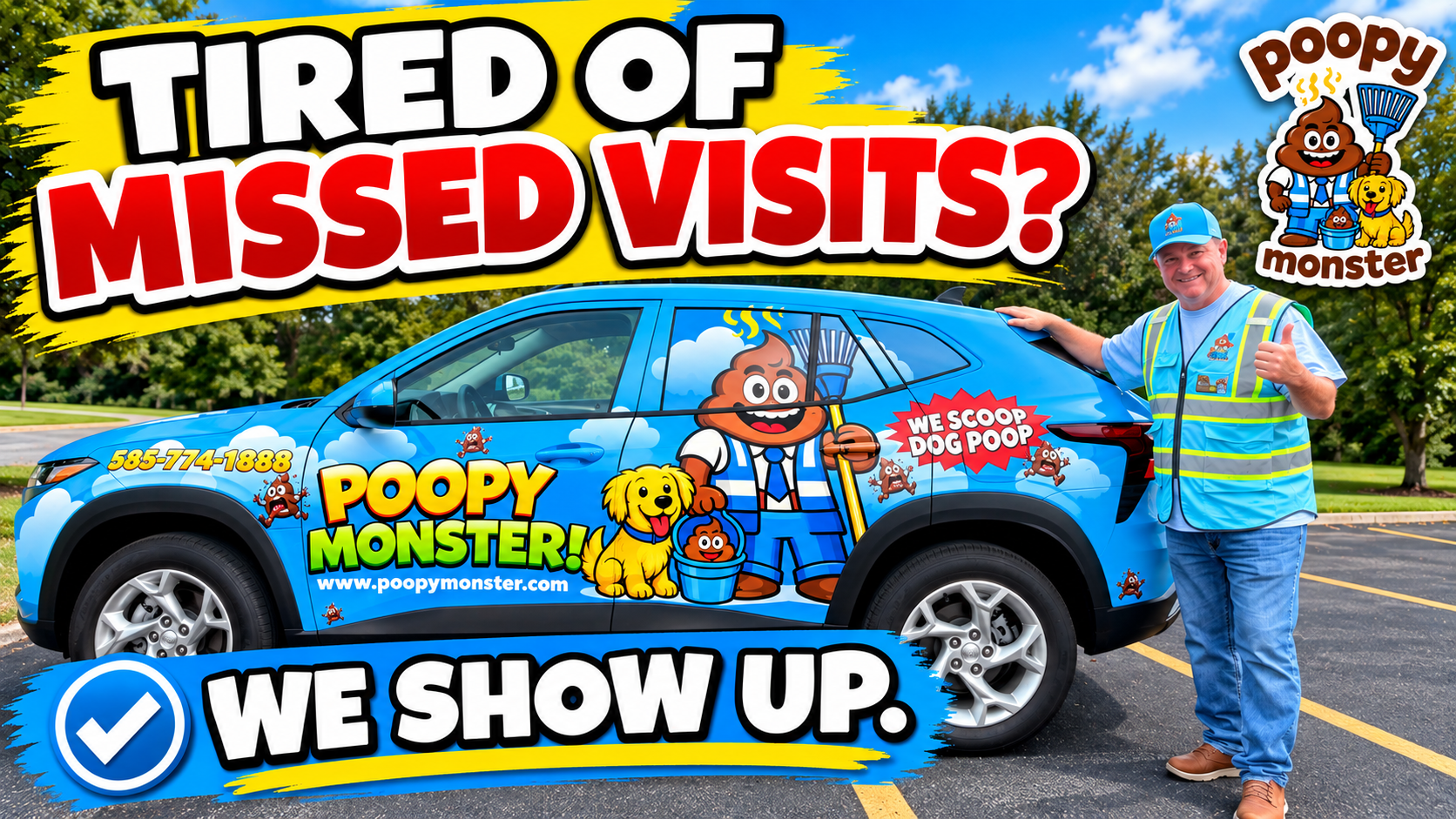 Poopy Monster owner with branded pet waste removal vehicle in Rochester, NY
