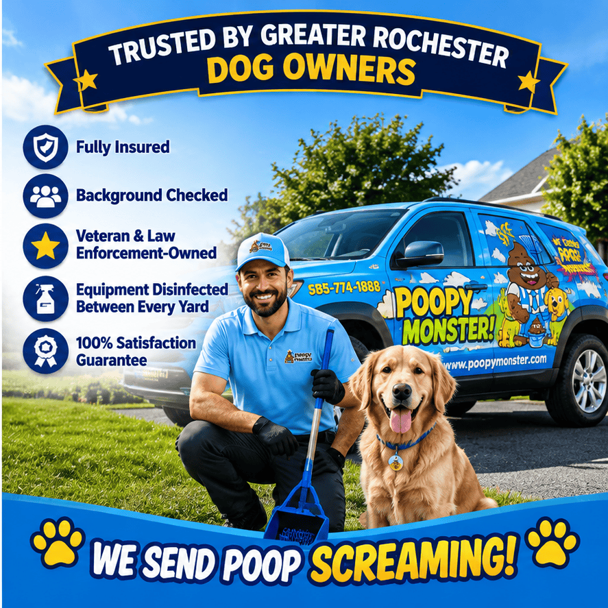 Trusted Poopy Monster Dog Poop Removal Service – Rochester NY Poopy Monster dog poop removal technician with branded company vehicle and golden retriever in Rochester, NY