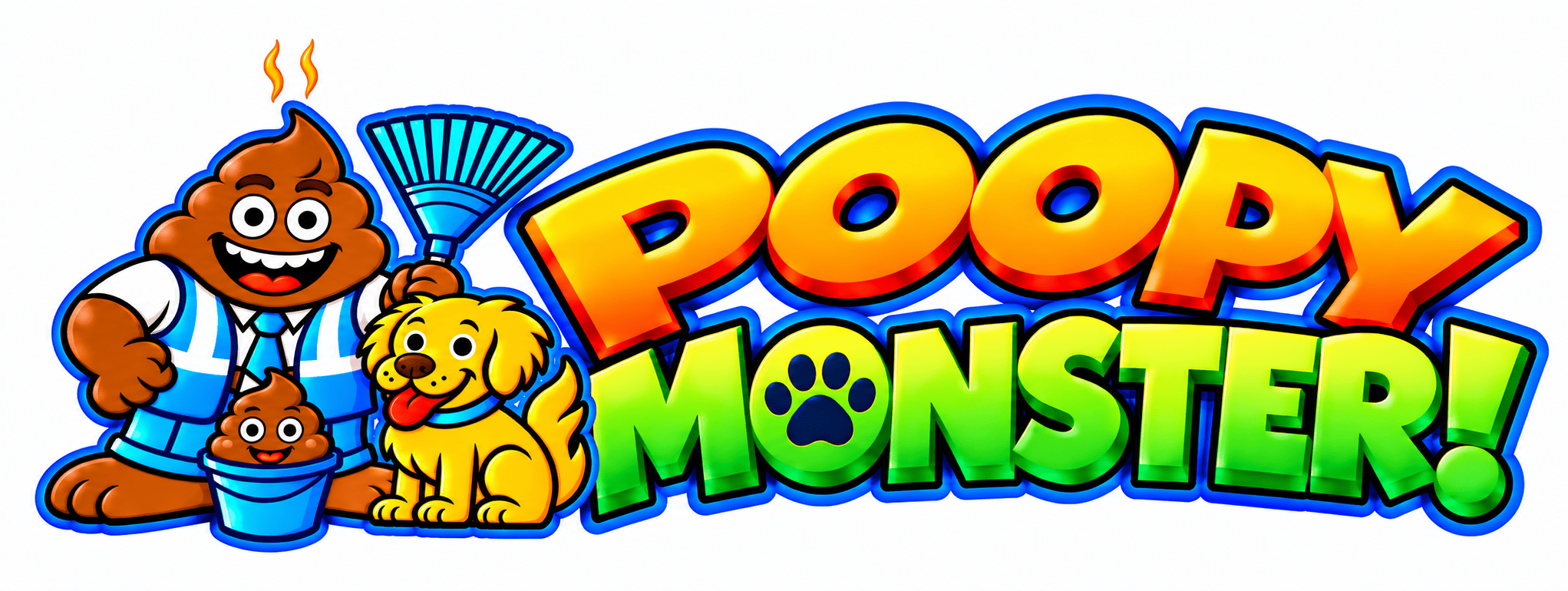 Poopy Monster Horizontal Logo | Dog Poop Removal Poopy Monster logo featuring a smiling poop mascot, happy yellow dog, and colorful company name.
