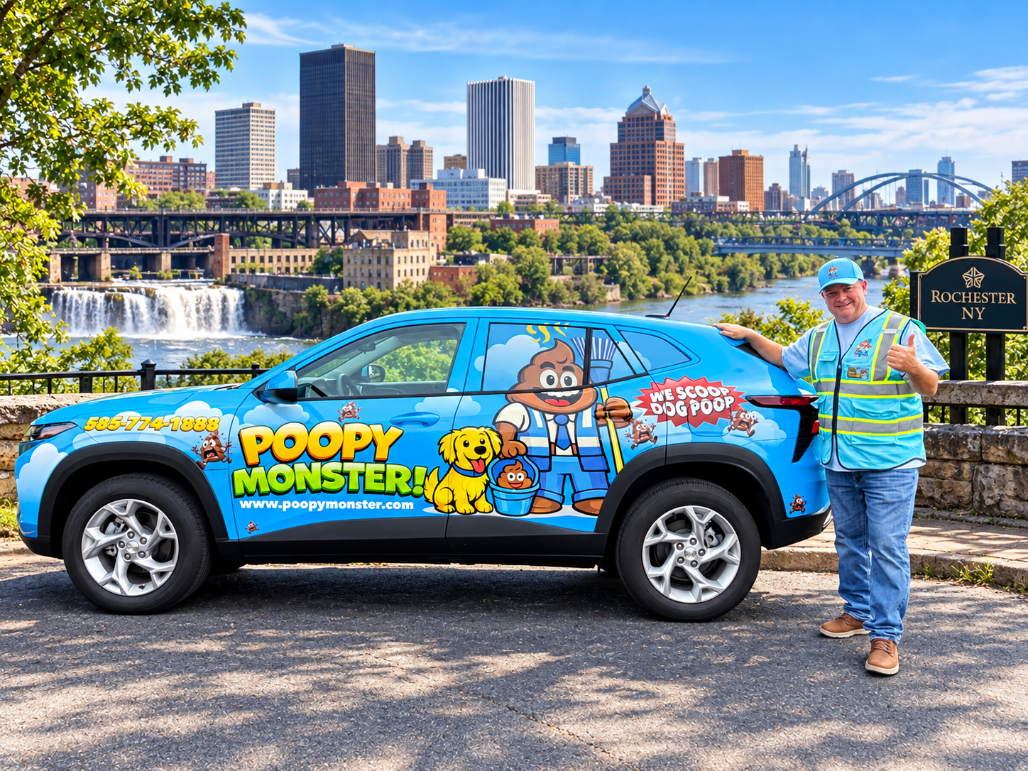 Poopy Monster owner with branded dog poop removal vehicle in Rochester, NY